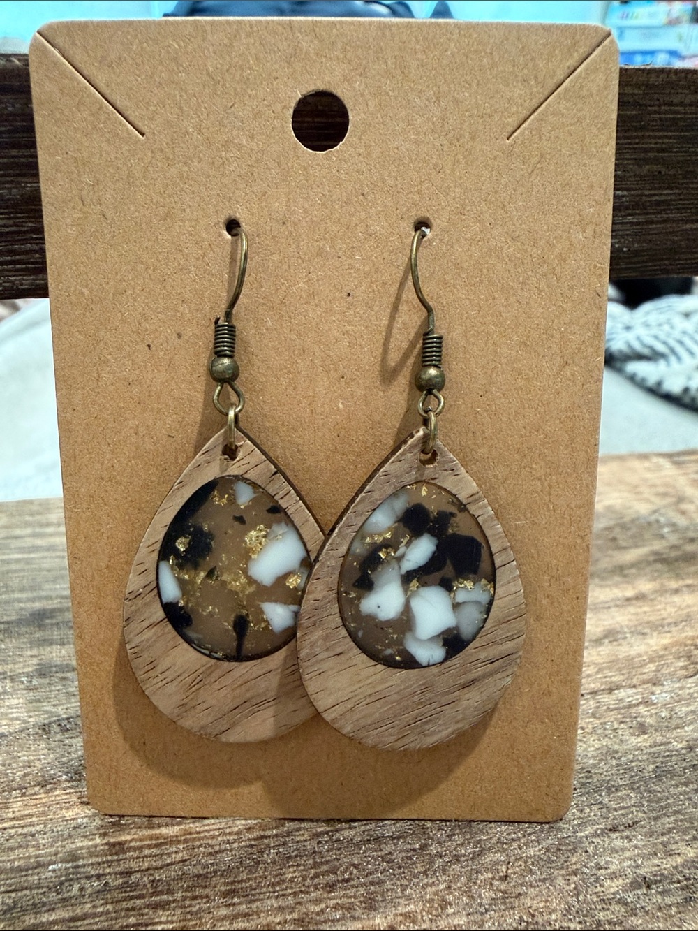 Wood Teardrop Inlay Earrings with White & Black Resin